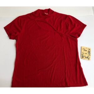 Womend Ribbed Knit Short Sleeve Mock Neck Top W/Open Chest Hole